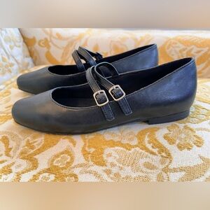 FRYE Black Leather Mary Jane Flats 6 M Maryjane Shoes Double Buckle Straps NEW